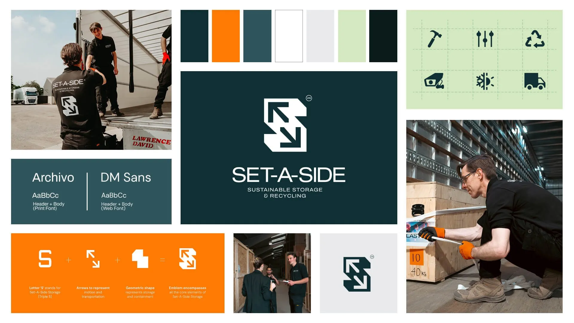 The Set-A-Side Storage brand board: the logo, colours, typefaces, icons and team photography