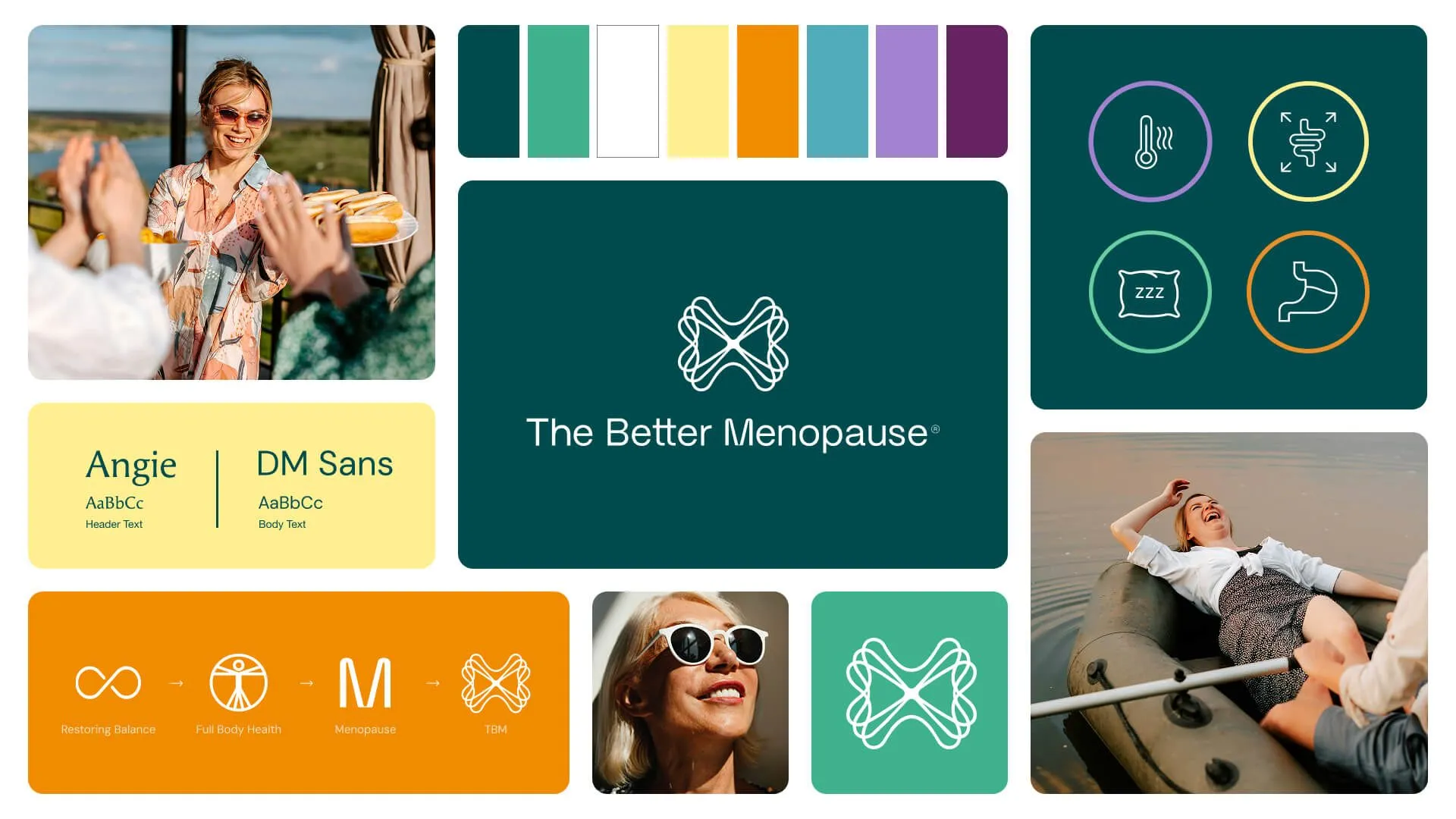The Better Menopause brand board: the logo, colours, typefaces, icons and photography
