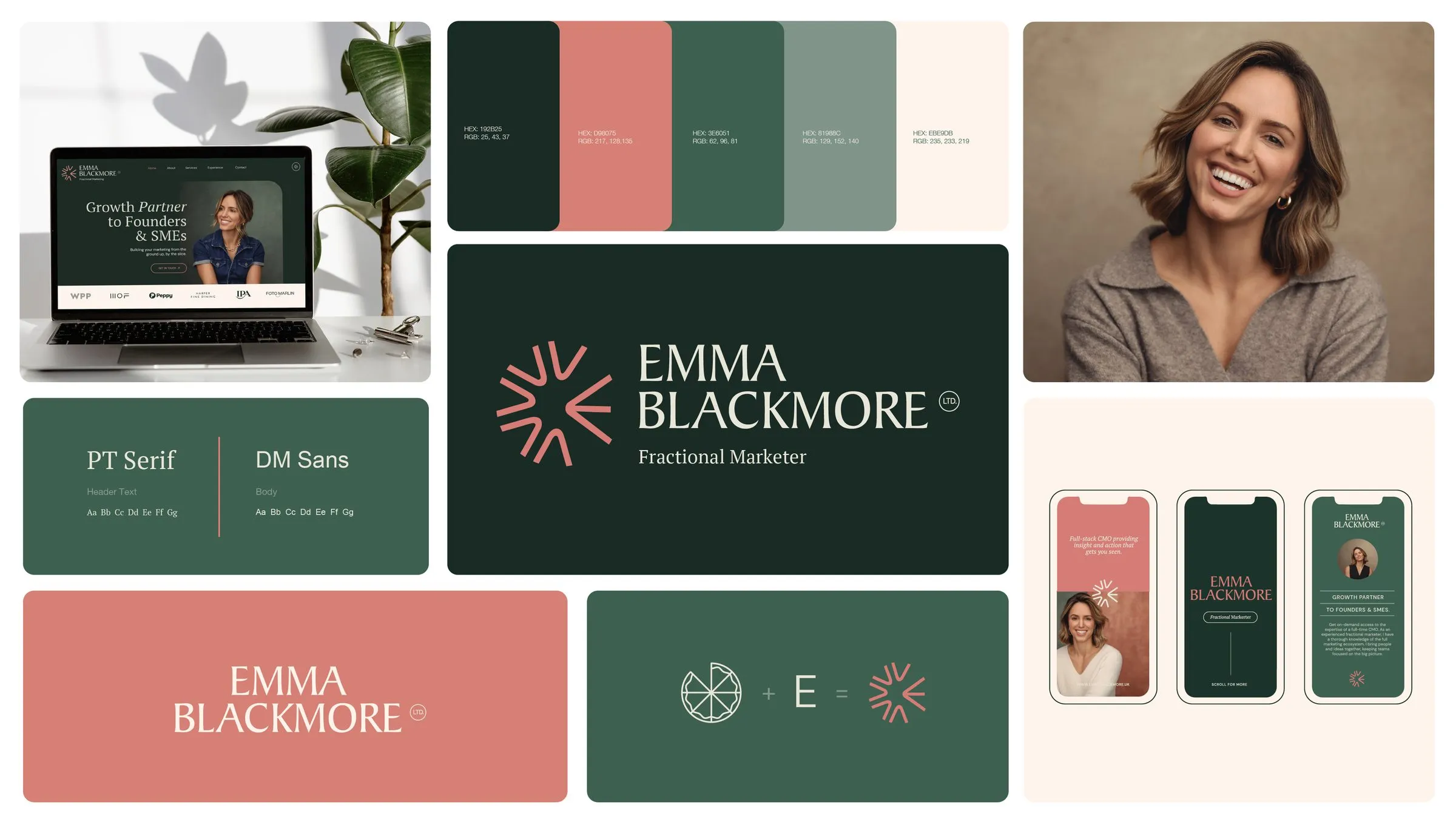 The Emma Blackmore brand board: the logo, colours, typefaces and the site on a laptop and phones