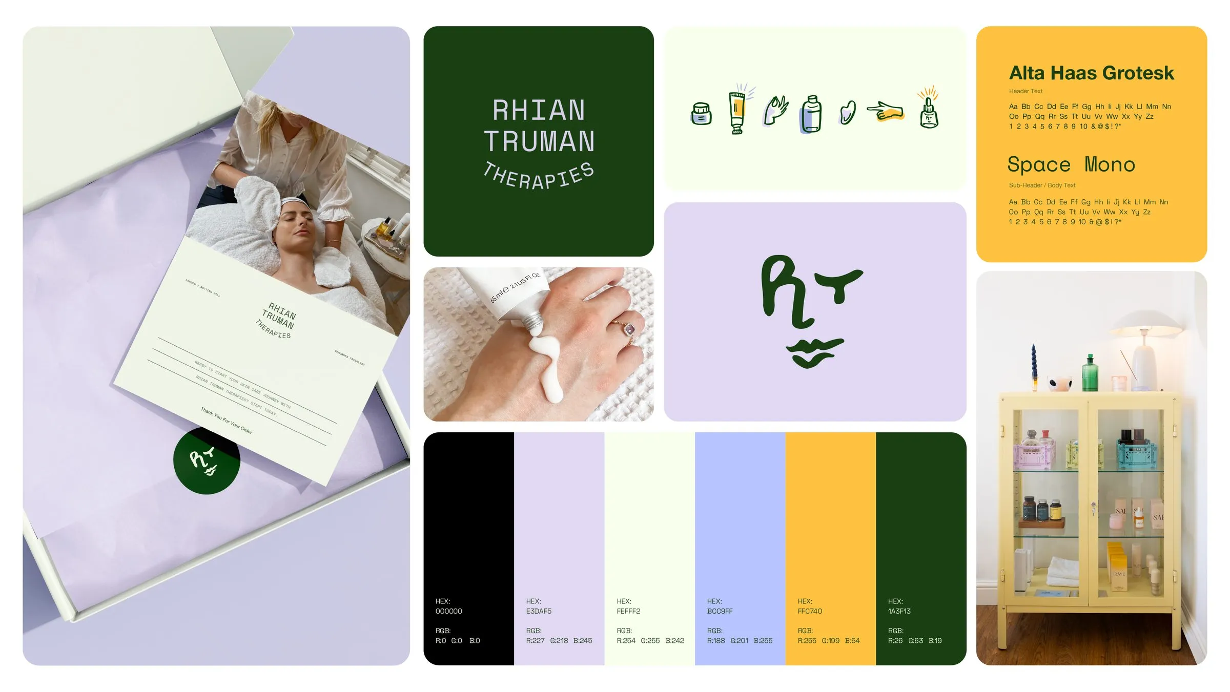 The Rhian Truman Therapies brand board: the logo, colours, typefaces, packaging and treatment photography