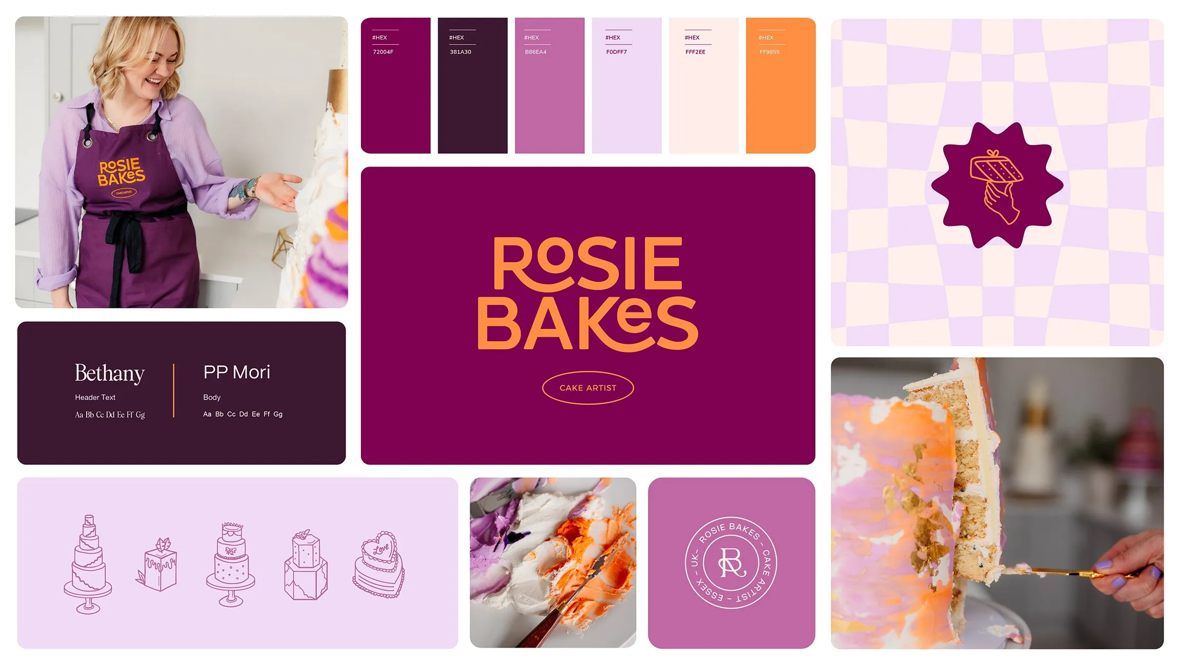 The Rosie Bakes brand board: the wordmark, colours, typefaces, cake illustrations and photography