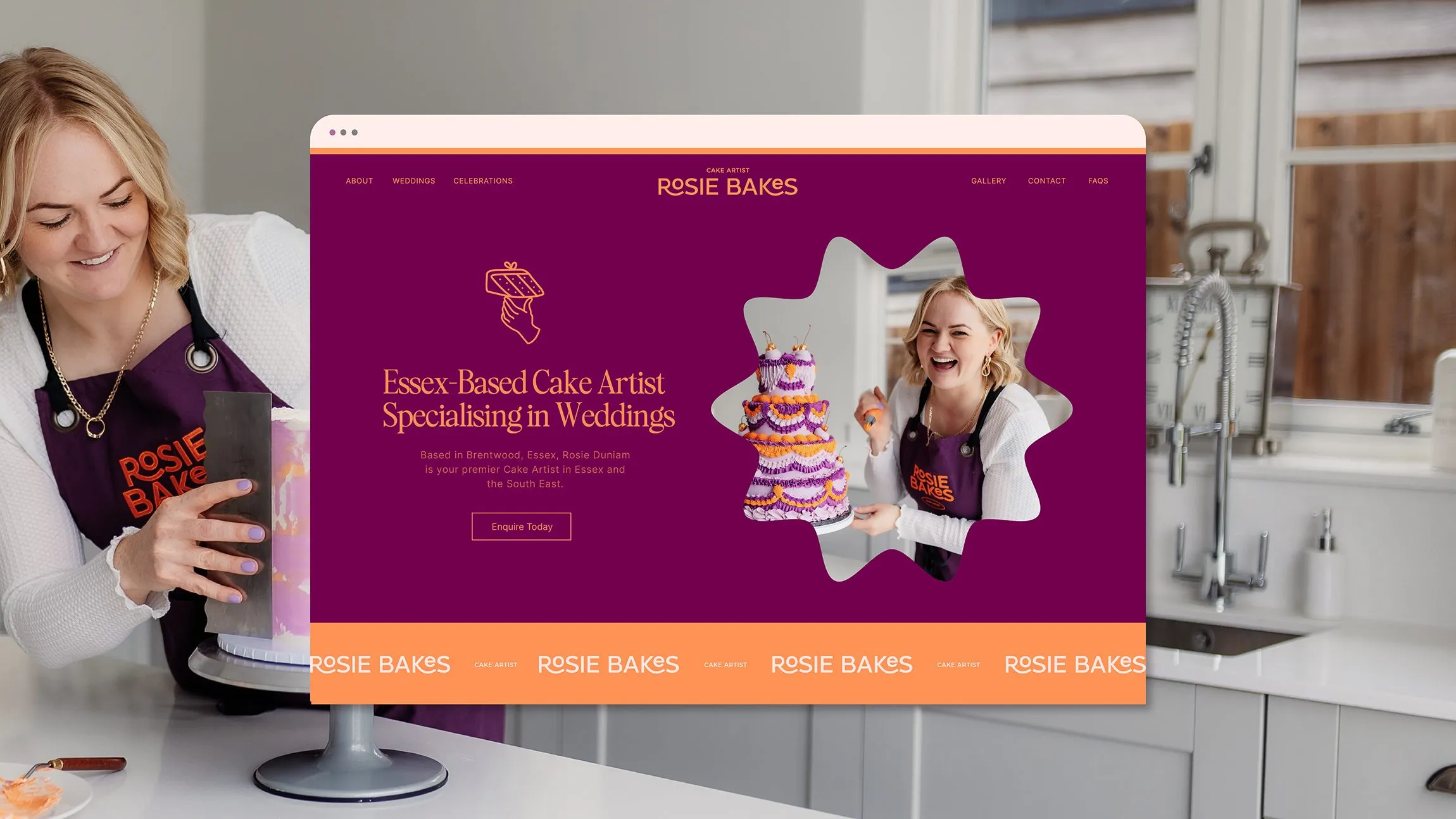 Rosie with one of her cakes beside the Rosie Bakes homepage