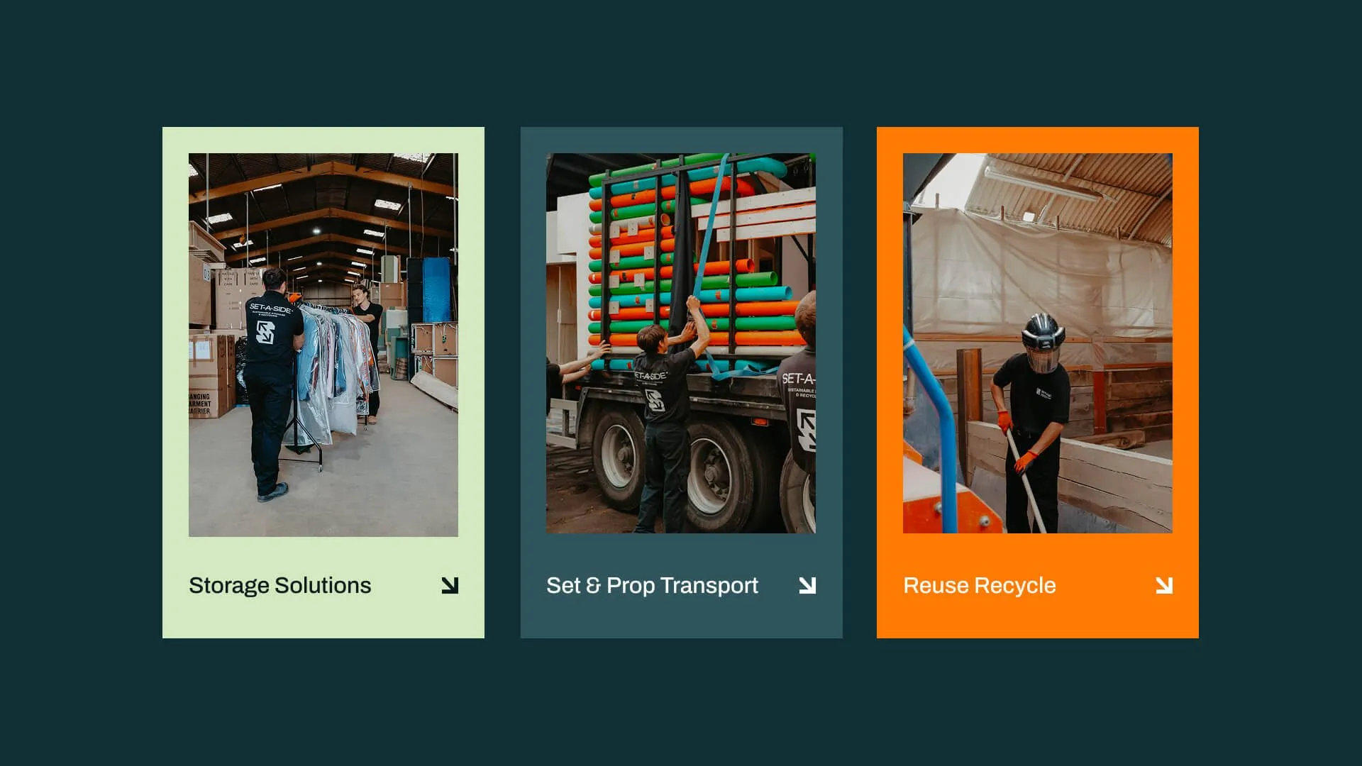 Set-A-Side Storage social posts for storage, set and prop transport, and recycling