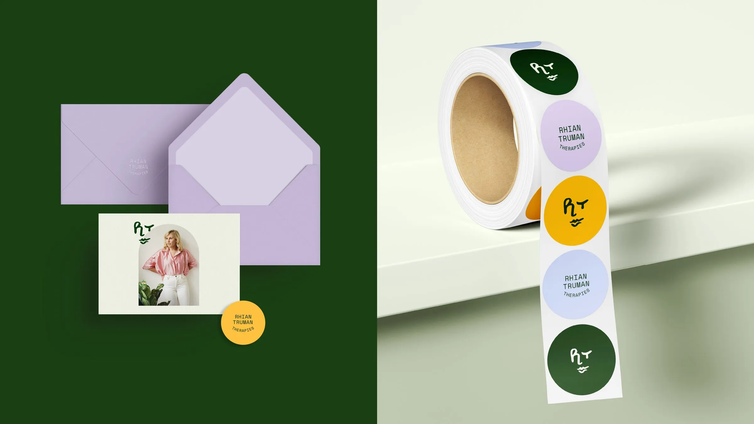 Rhian Truman Therapies stationery and stickers on dark green