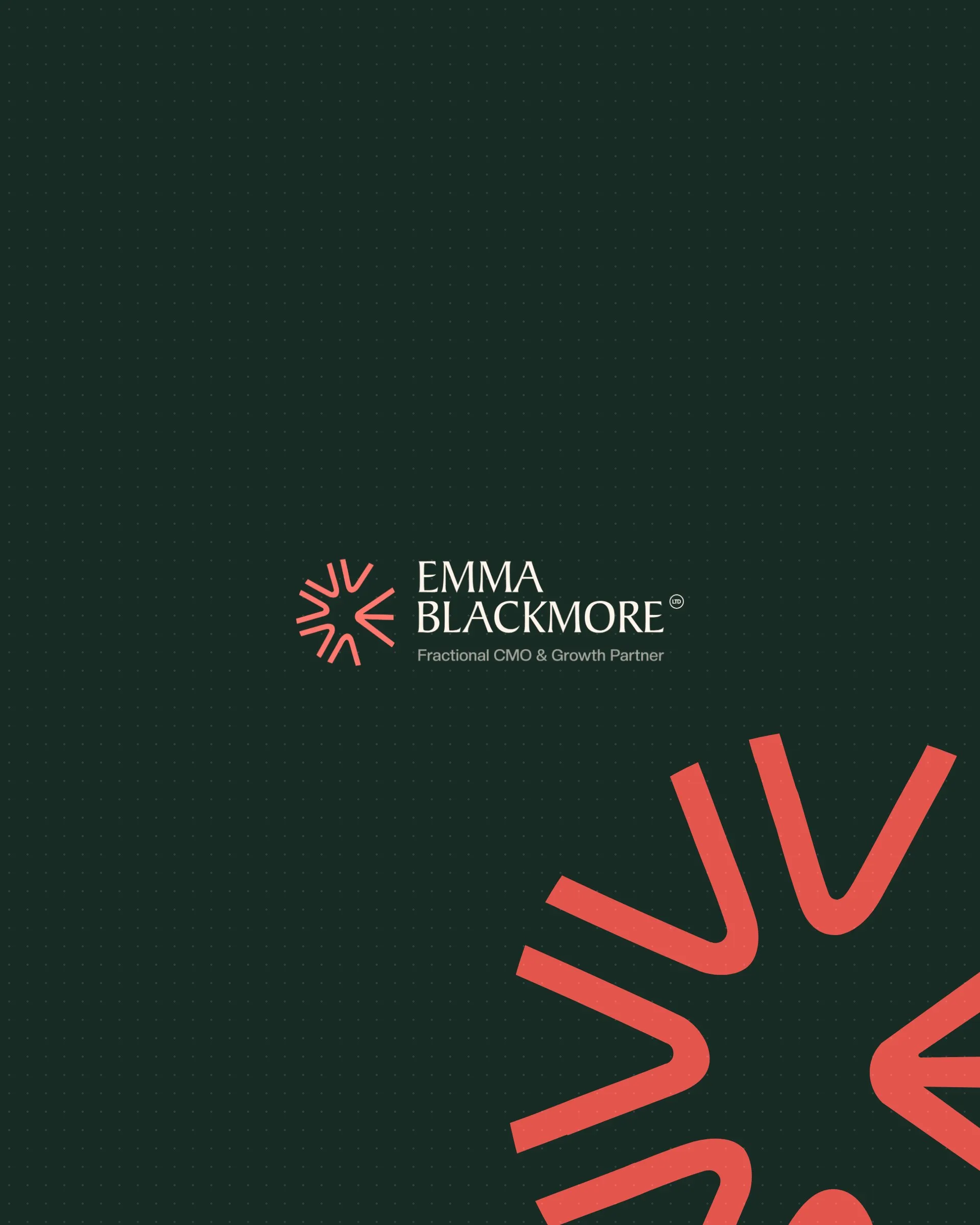 The Emma Blackmore logo on deep green, with a large coral starburst from the brand
