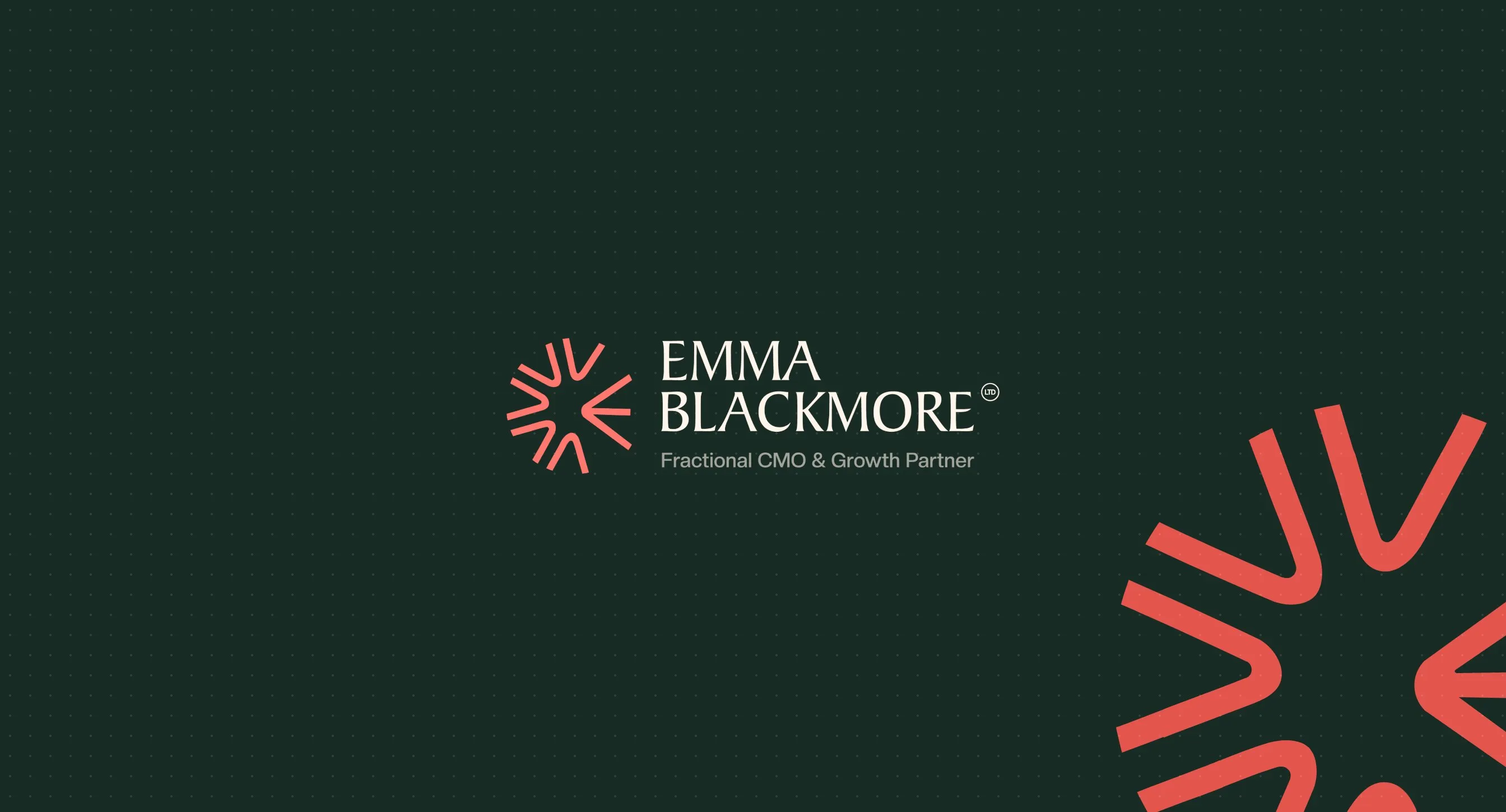 The Emma Blackmore logo on deep green, with a large coral starburst from the brand