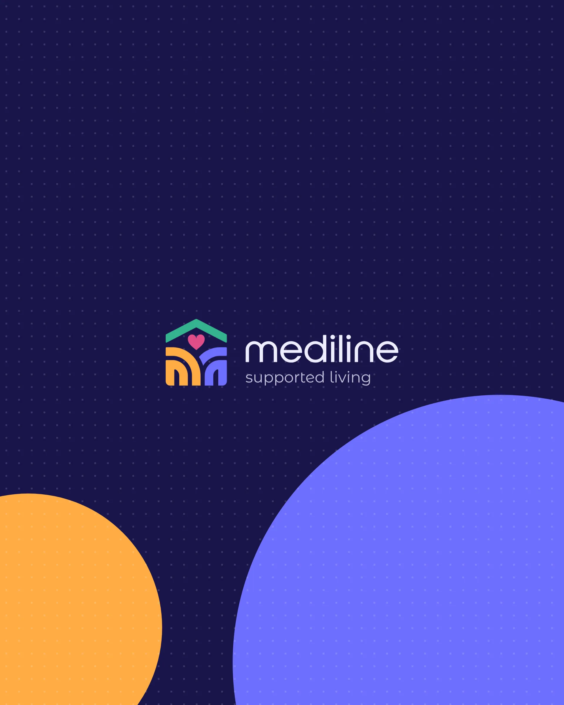 The Mediline Supported Living logo on the brand indigo with its violet and orange circles