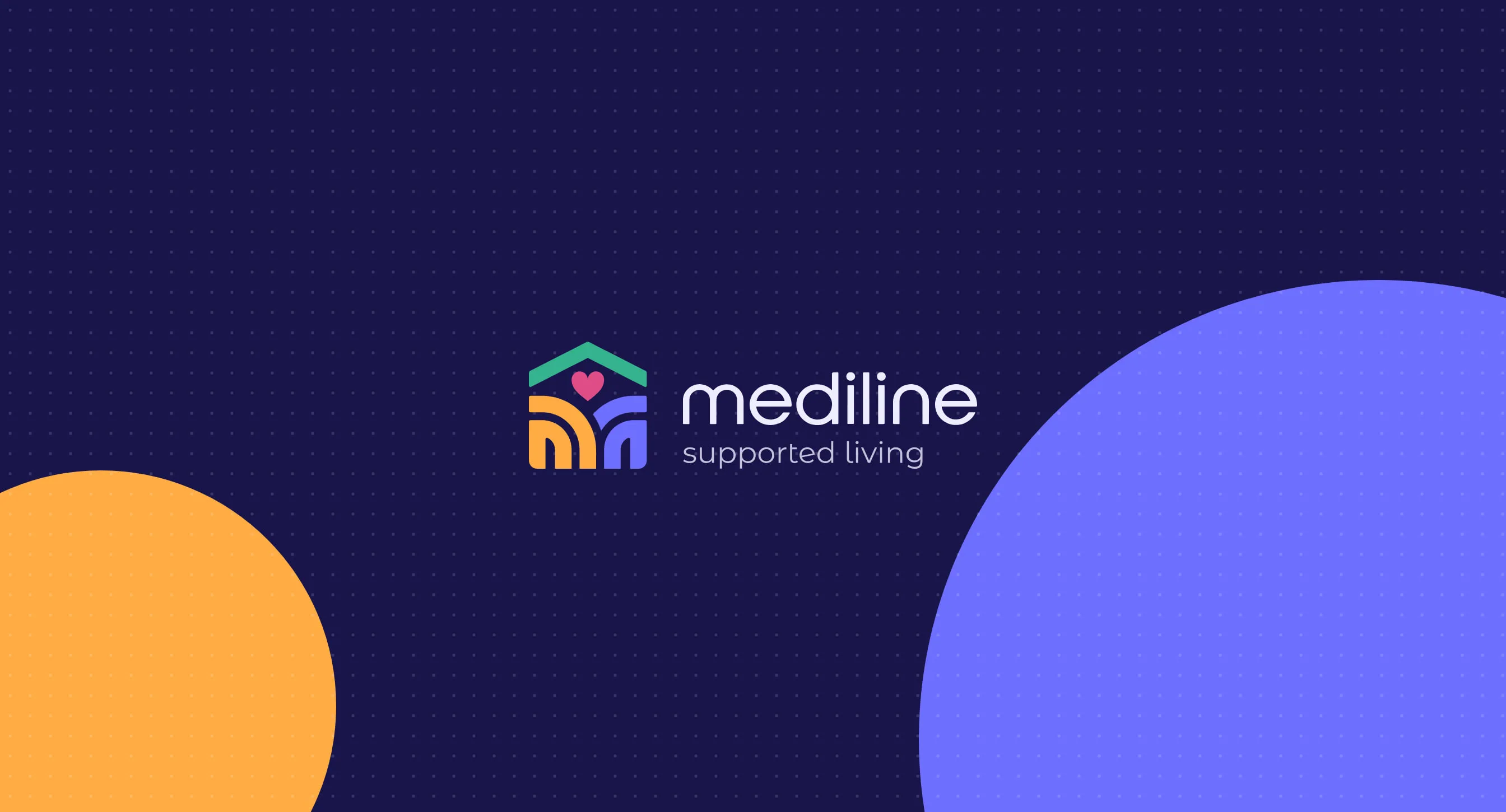 The Mediline Supported Living logo on the brand indigo with its violet and orange circles