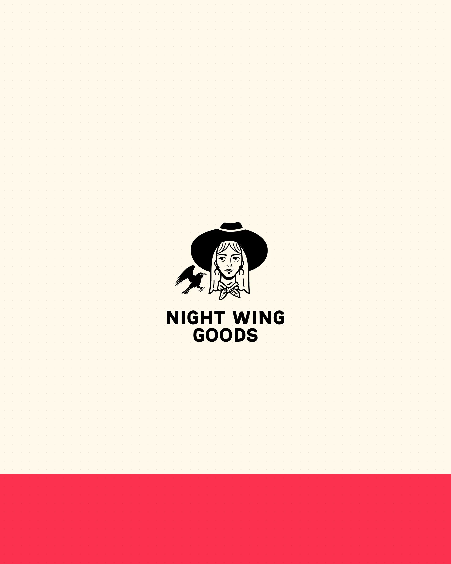 The Night Wing Goods cowgirl and raven logo on cream, over a band of the brand red
