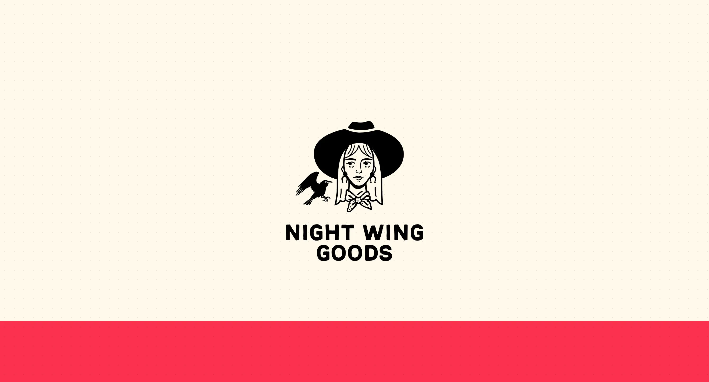 The Night Wing Goods cowgirl and raven logo on cream, over a band of the brand red