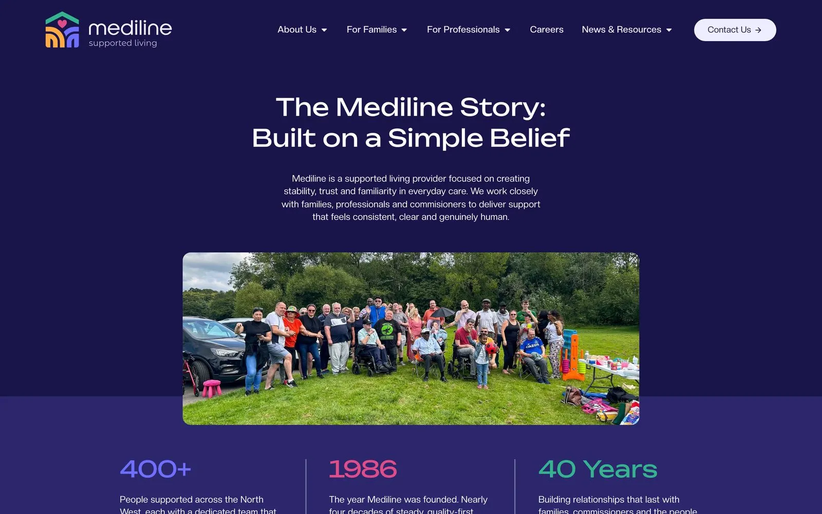 The Mediline Supported Living our story page on desktop