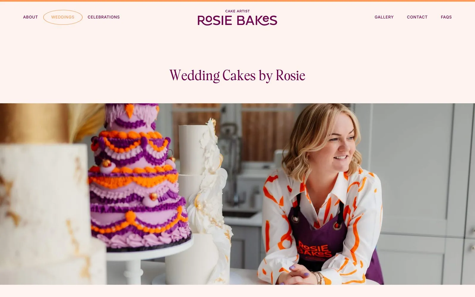 The Rosie Bakes weddings page on desktop