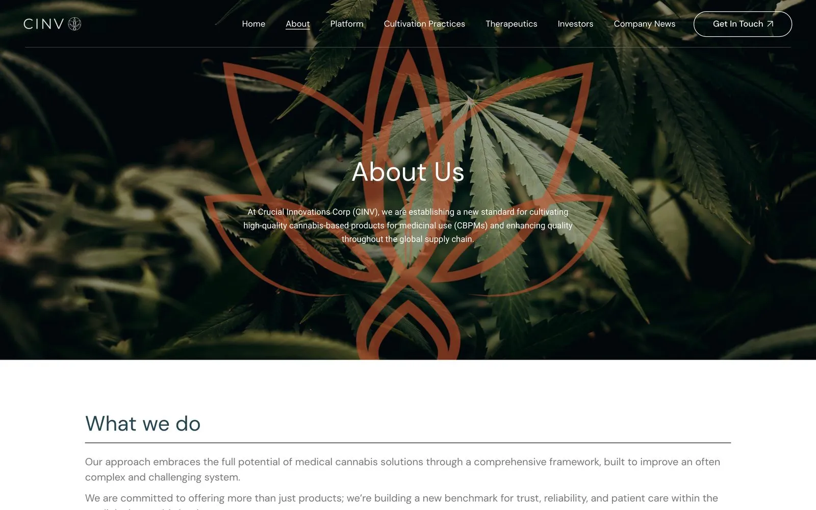The CINV Corp about page on desktop
