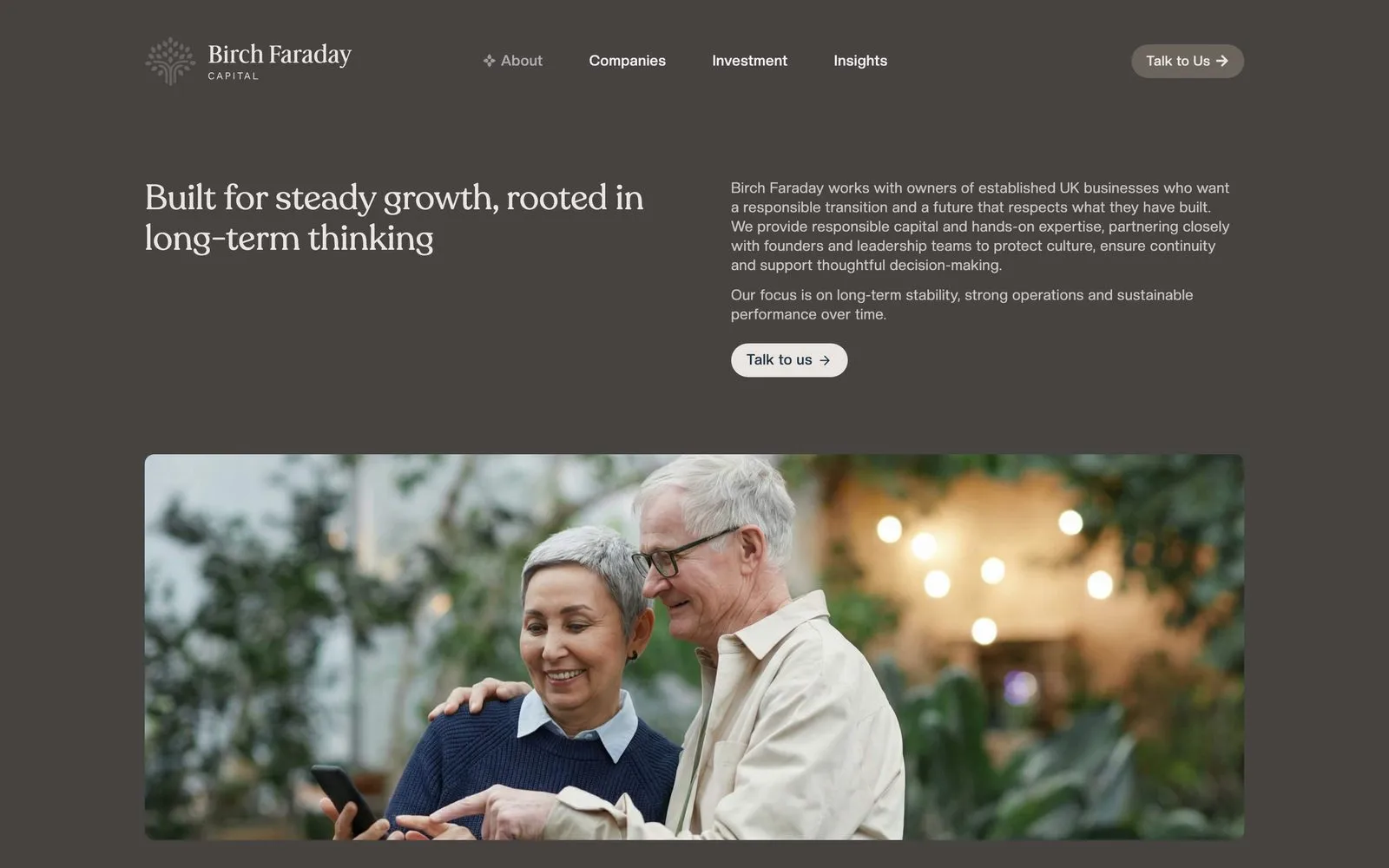 The Birch Faraday Capital about page on desktop