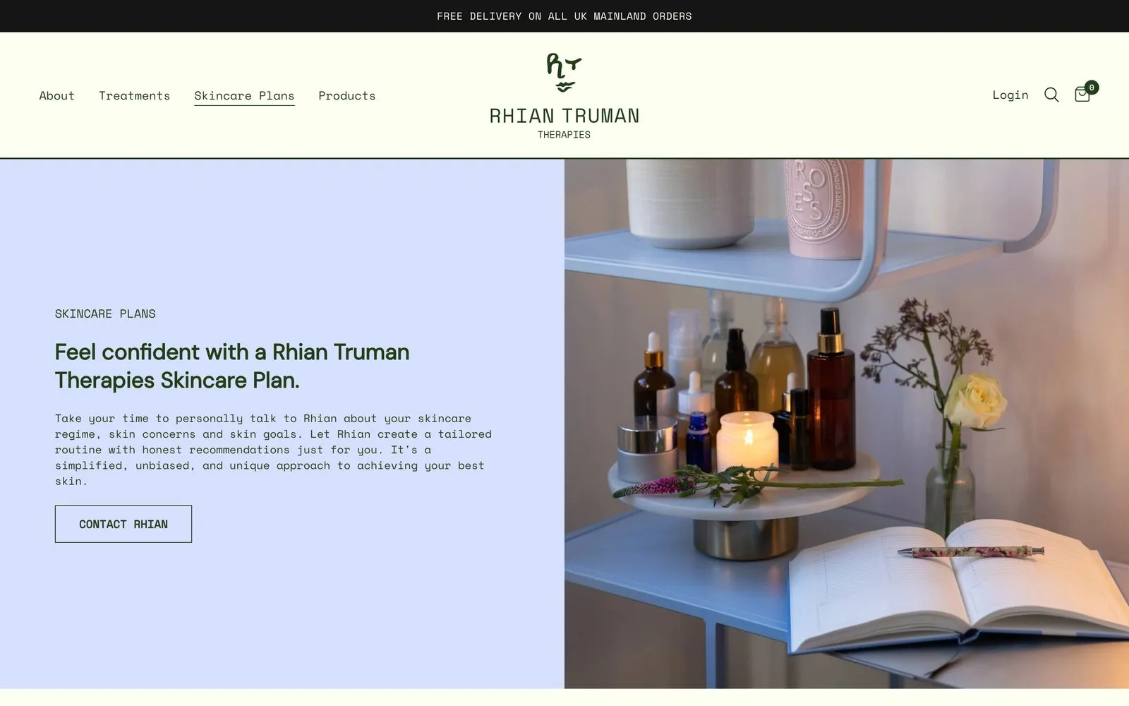 The Rhian Truman Therapies skincare plans page on desktop