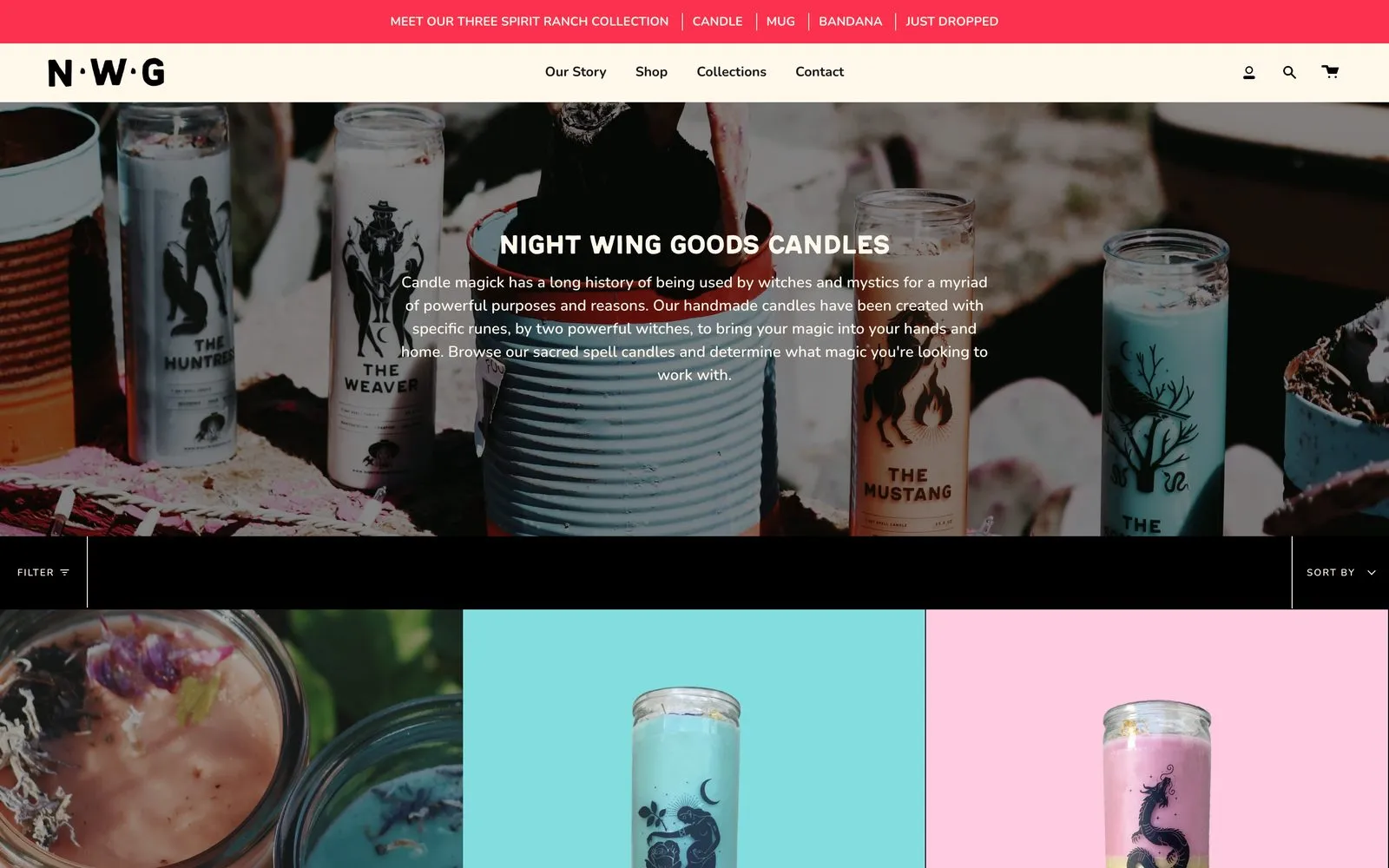 The Night Wing Goods candles page on desktop