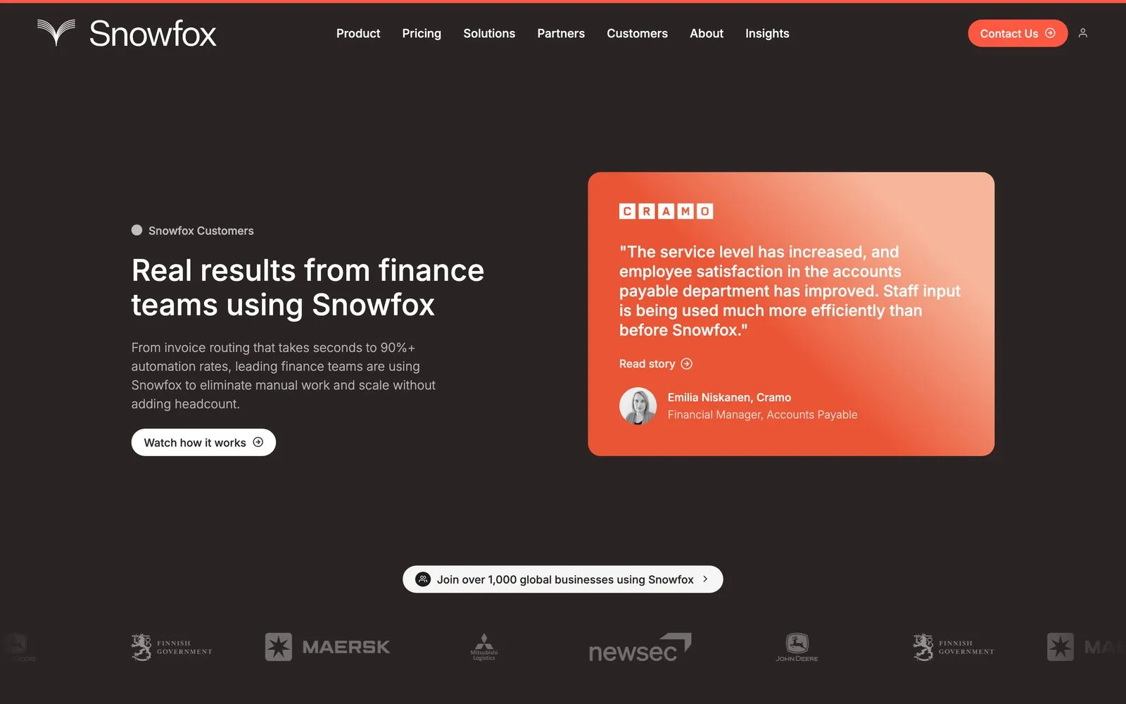 The Snowfox customers page on desktop