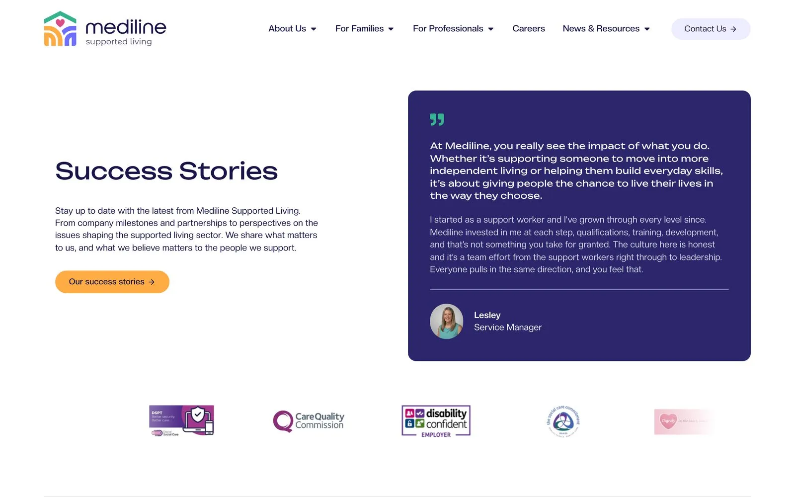 The Mediline Supported Living success stories page on desktop