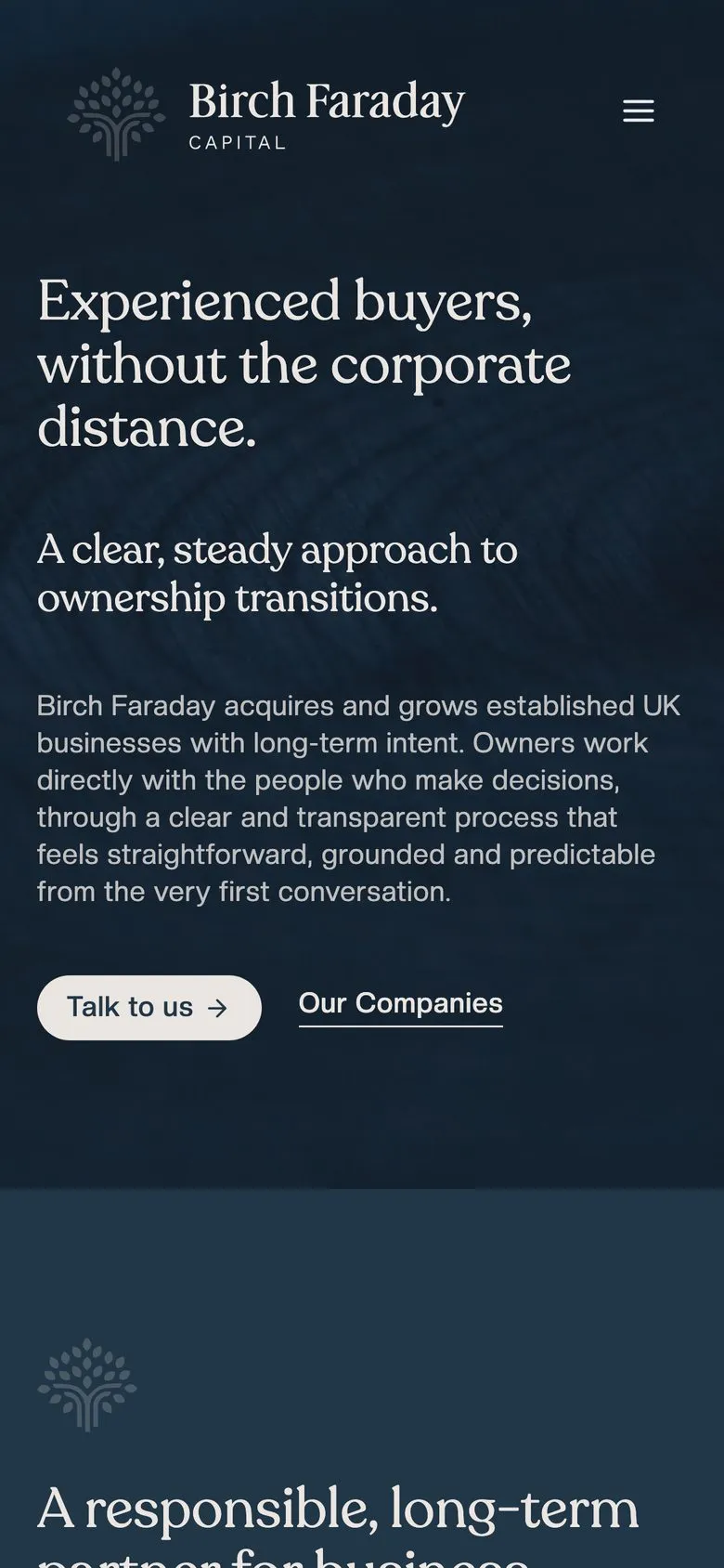 The Birch Faraday Capital homepage on a phone
