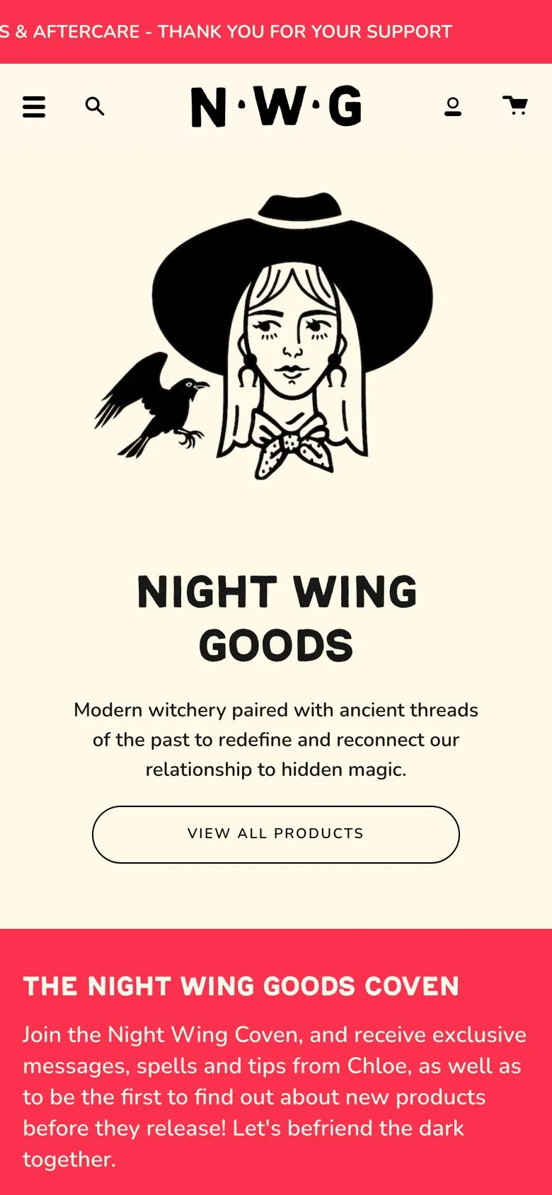 The Night Wing Goods homepage on a phone