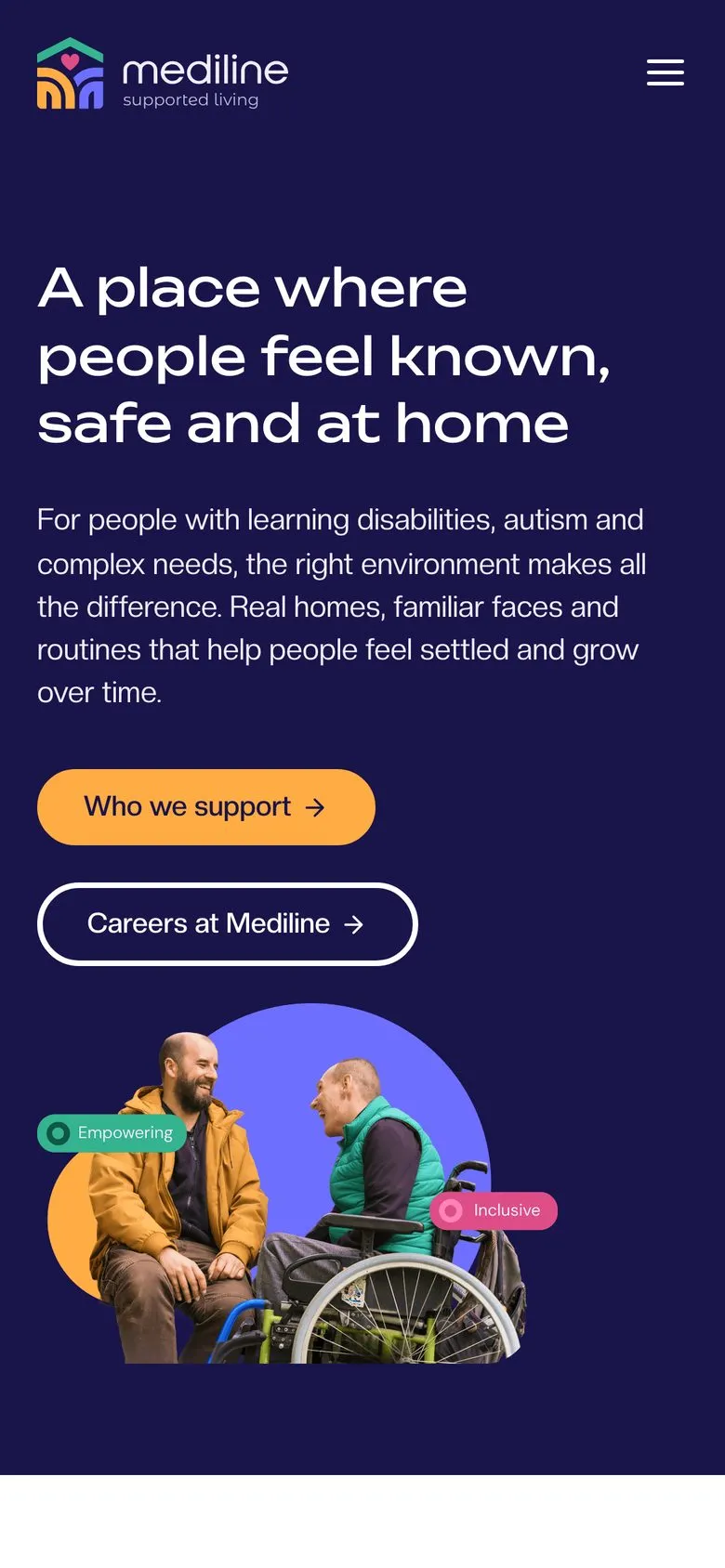 The Mediline Supported Living homepage on a phone