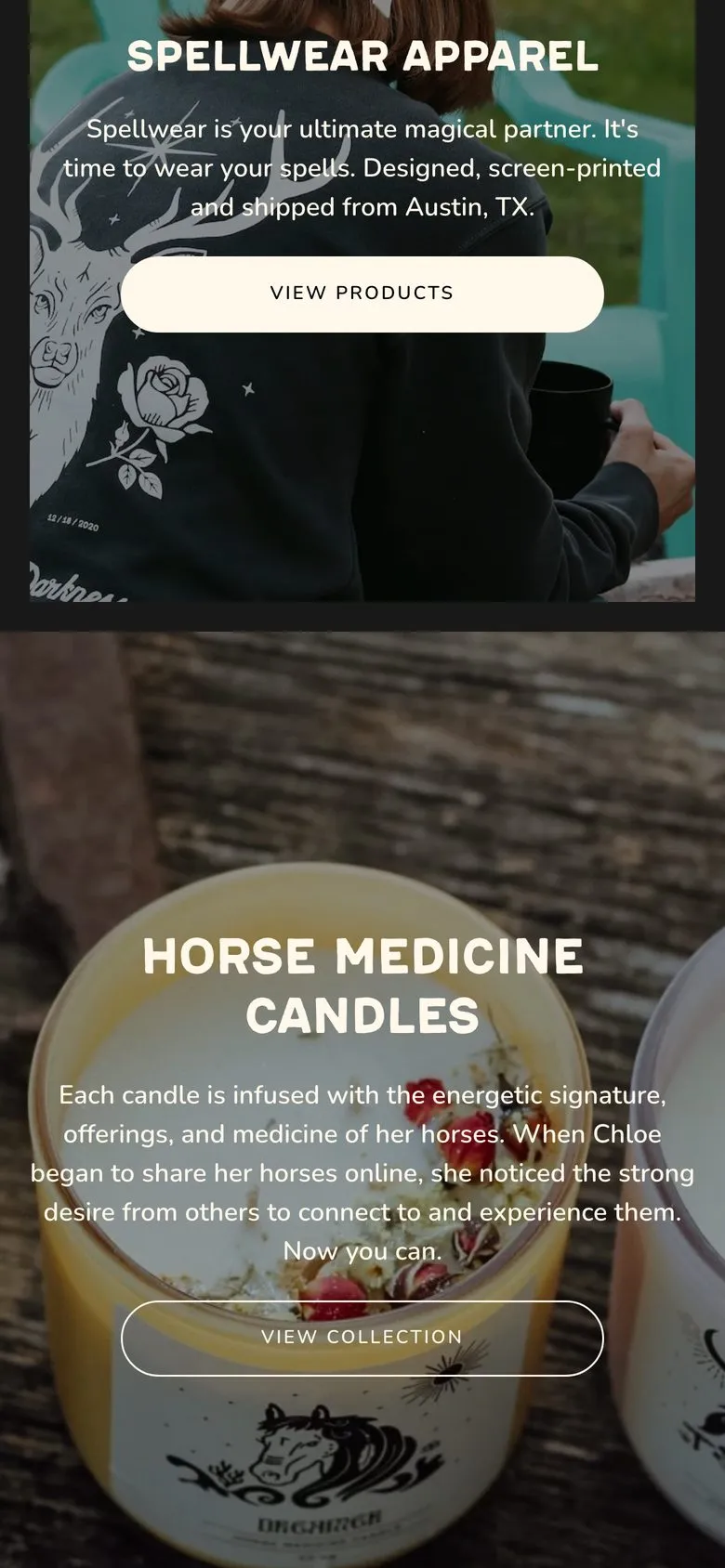 Night Wing Goods on a phone: homepage, horse medicine candles