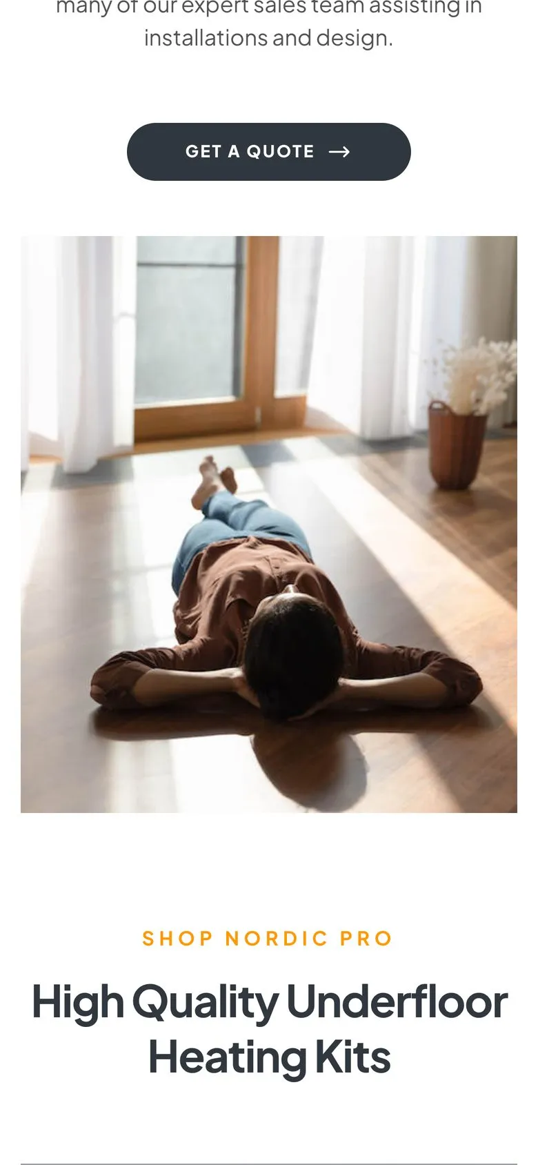 Underfloor Heating Systems on a phone: homepage, heating kits