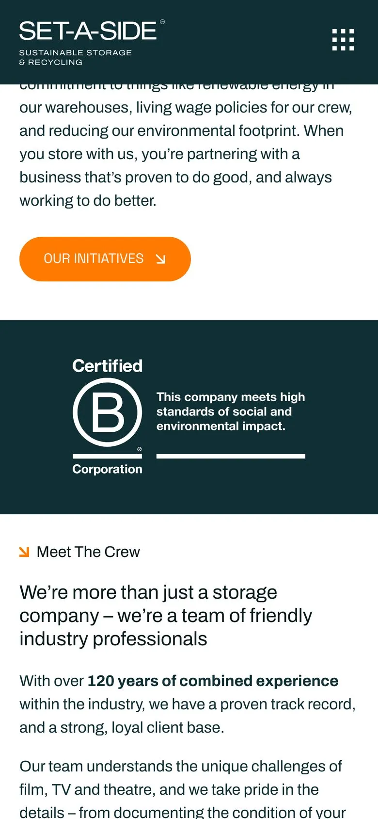 Set-A-Side Storage on a phone: homepage, B Corp
