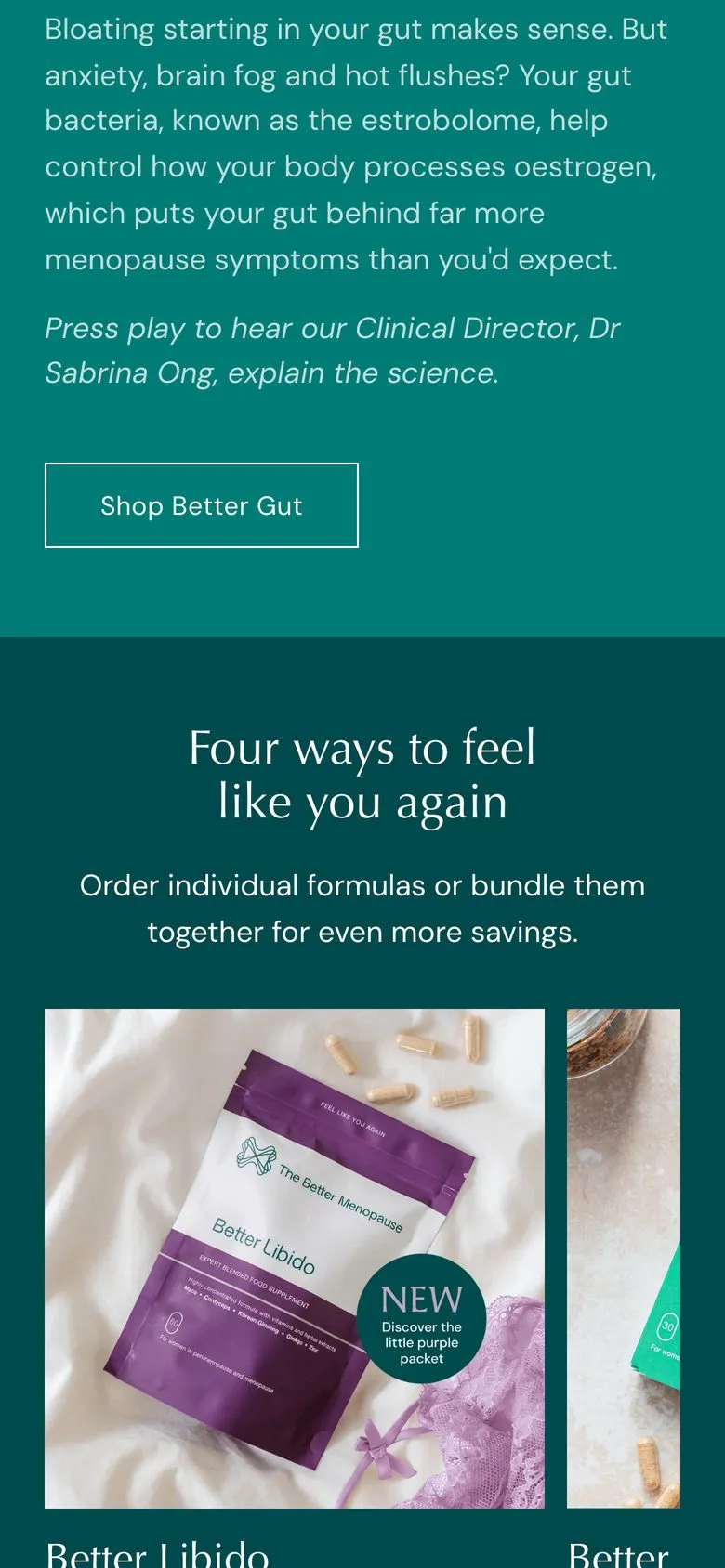 The Better Menopause on a phone: homepage, gut health