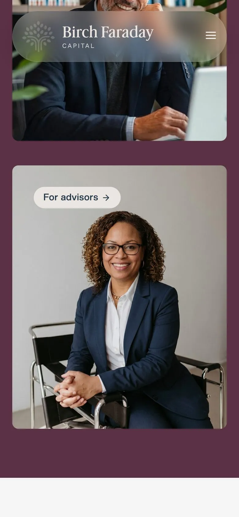 Birch Faraday Capital on a phone: homepage, owners and advisors