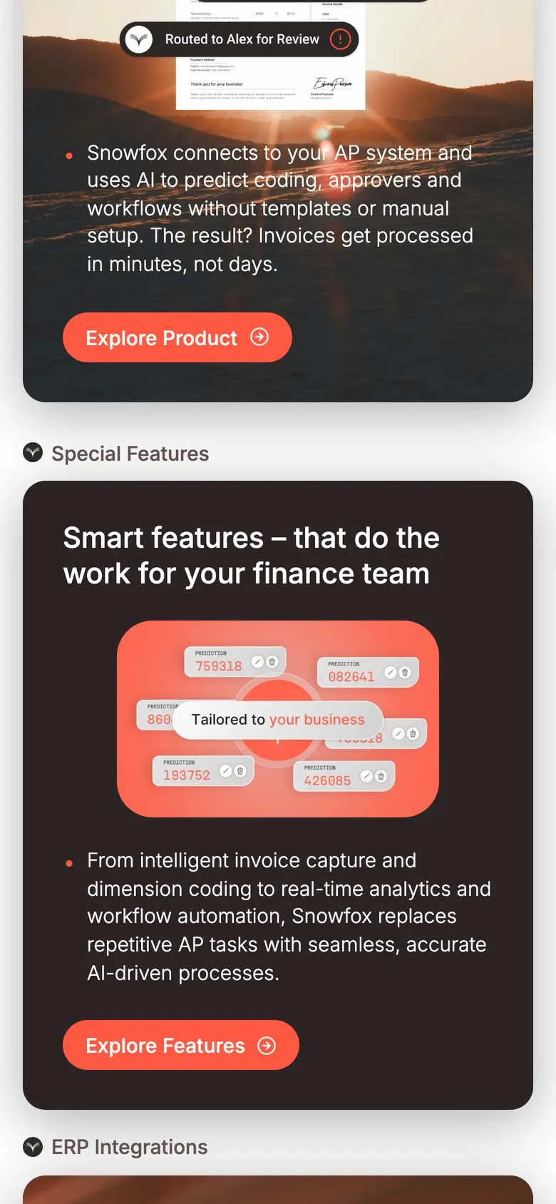 Snowfox on a phone: homepage, product features