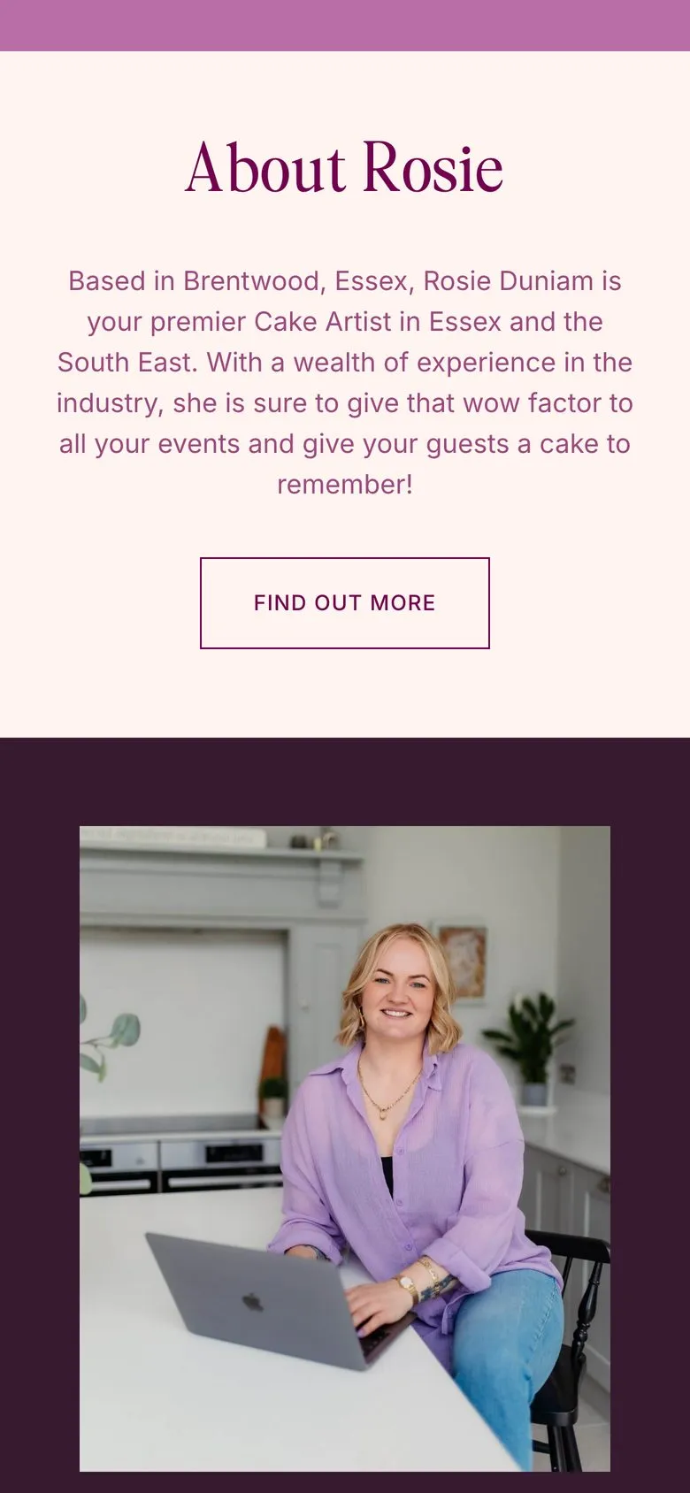 Rosie Bakes on a phone: homepage, about Rosie