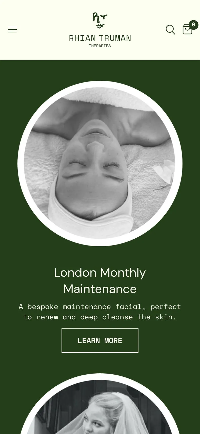 Rhian Truman Therapies on a phone: homepage, treatments