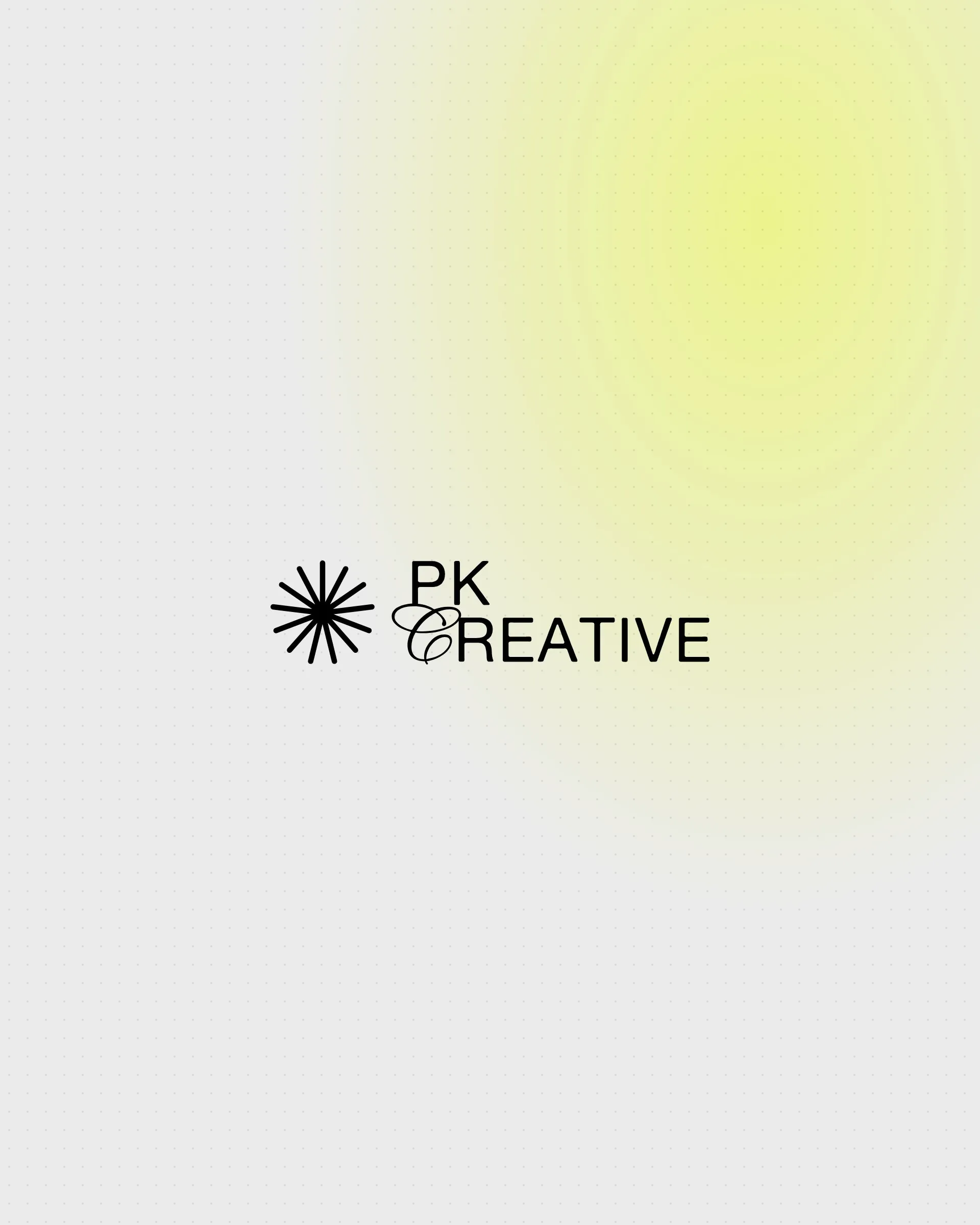 The PK Creative logo on light grey with a soft yellow glow