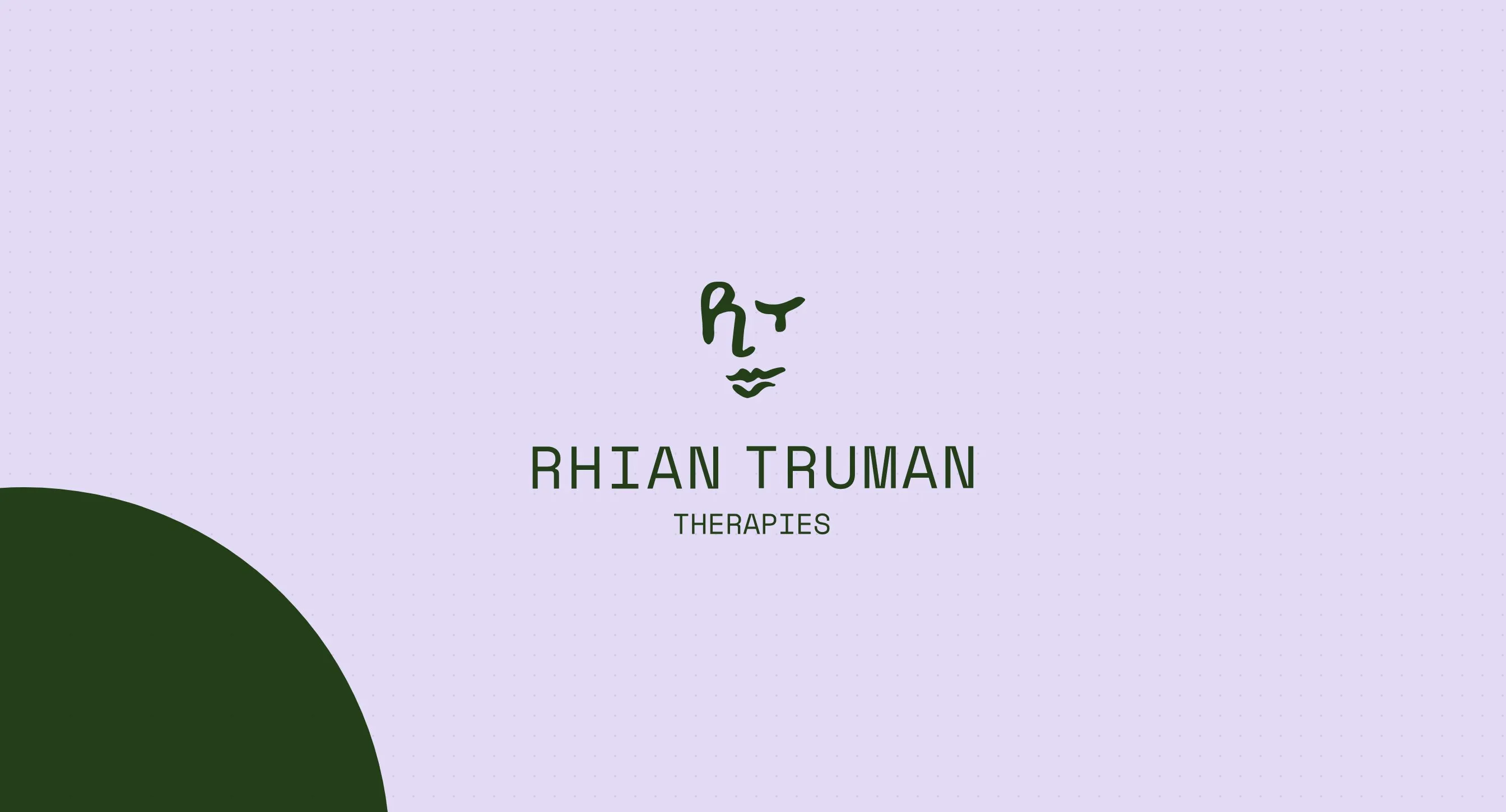 The Rhian Truman Therapies logo on lilac, with a dark green circle from the brand