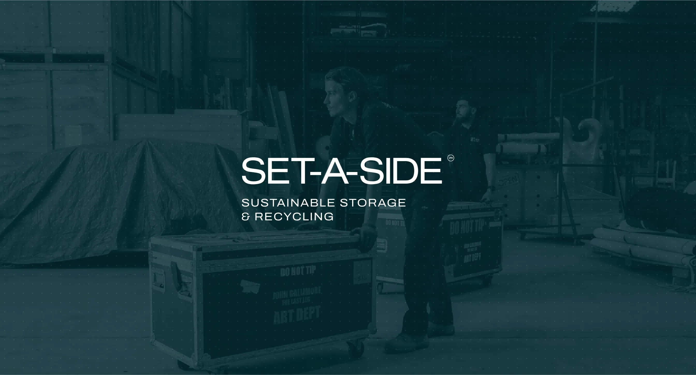 The Set-A-Side Storage logo over their warehouse, toned in the brand teal