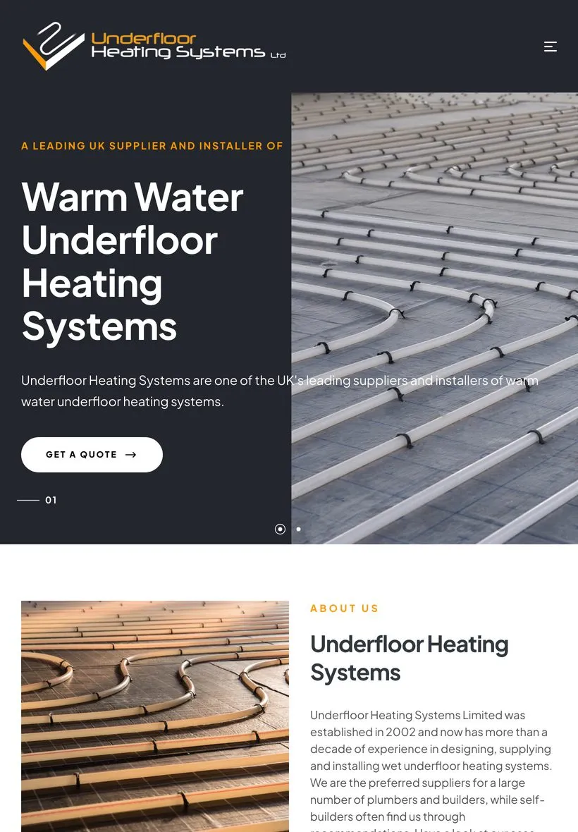 The Underfloor Heating Systems homepage on a tablet