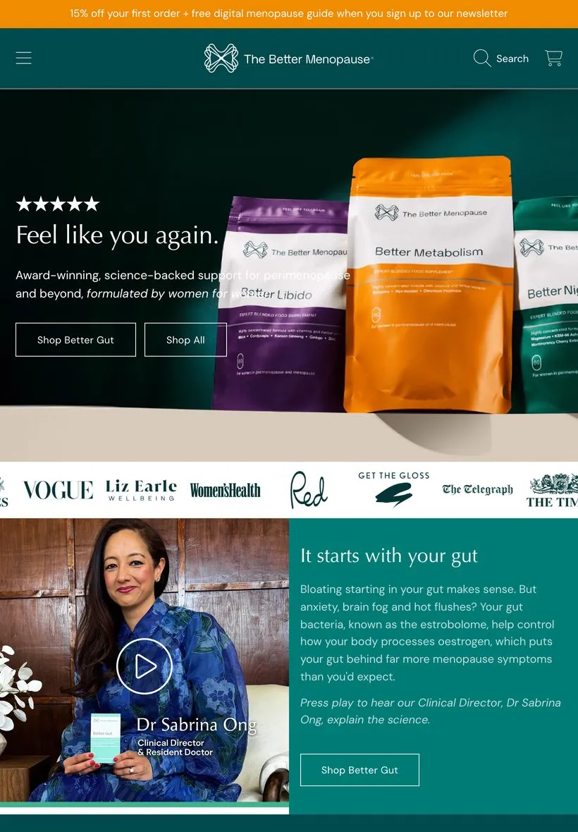 The Better Menopause homepage on a tablet
