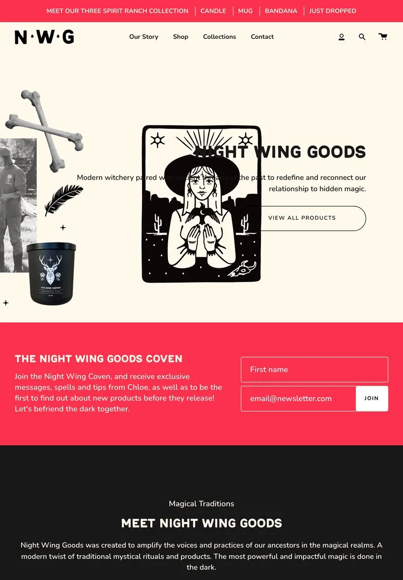 The Night Wing Goods homepage on a tablet