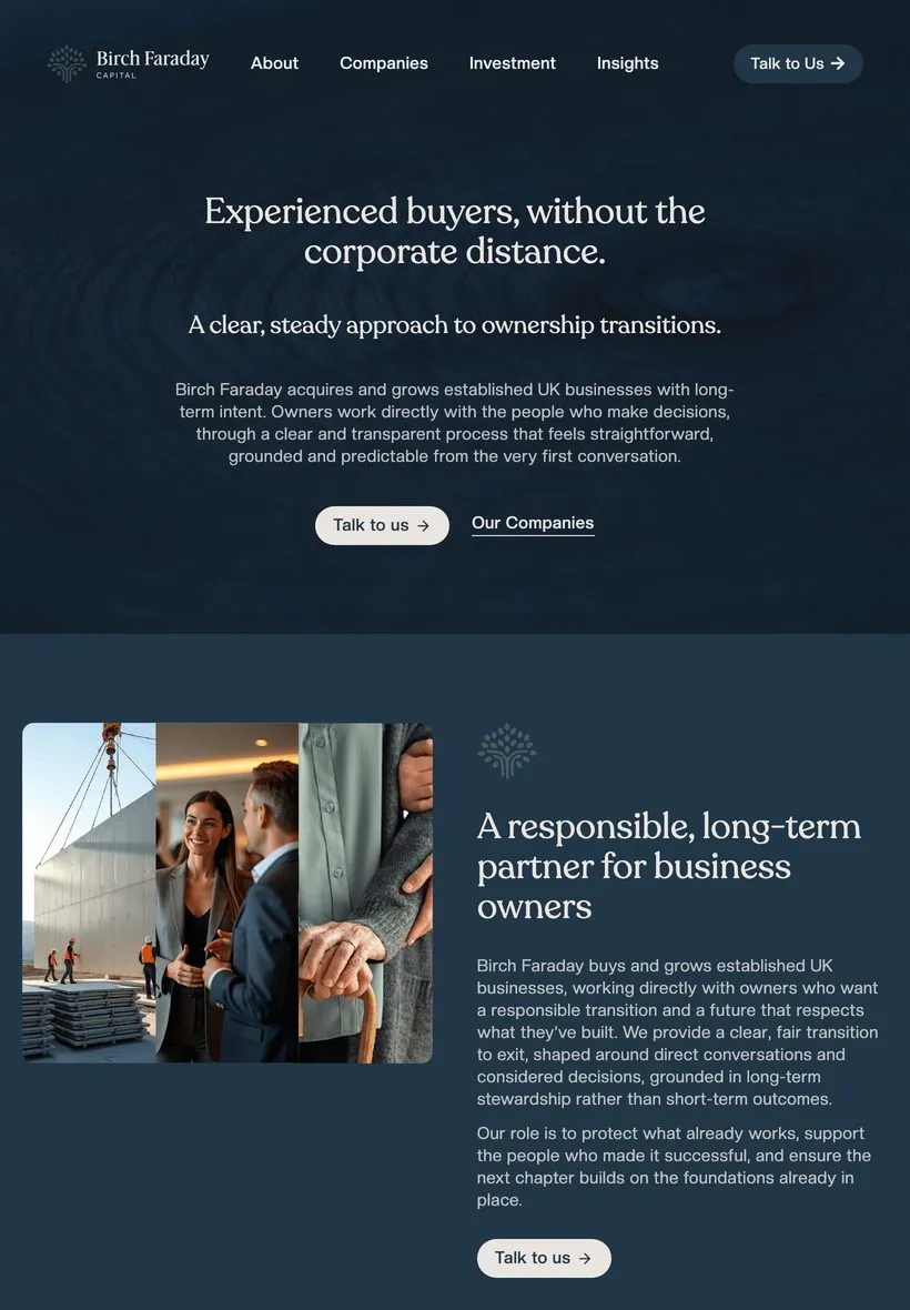 The Birch Faraday Capital homepage on a tablet