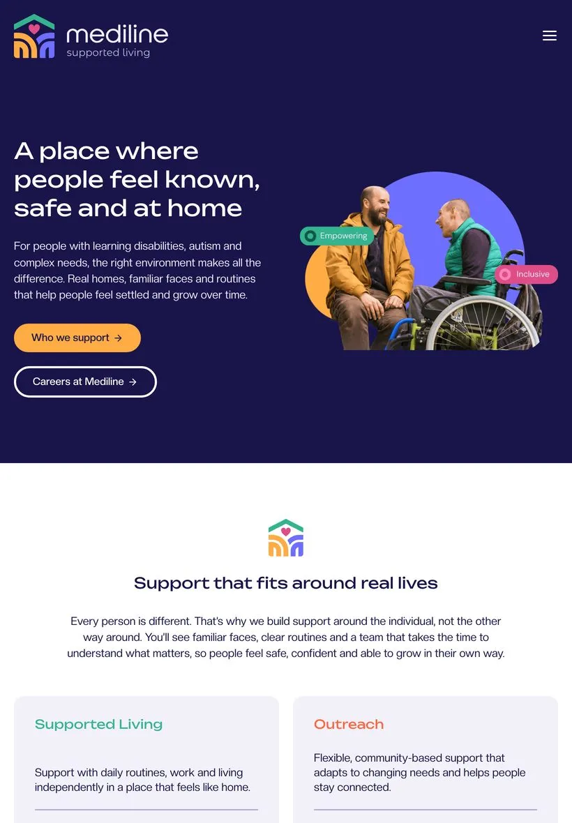 The Mediline Supported Living homepage on a tablet