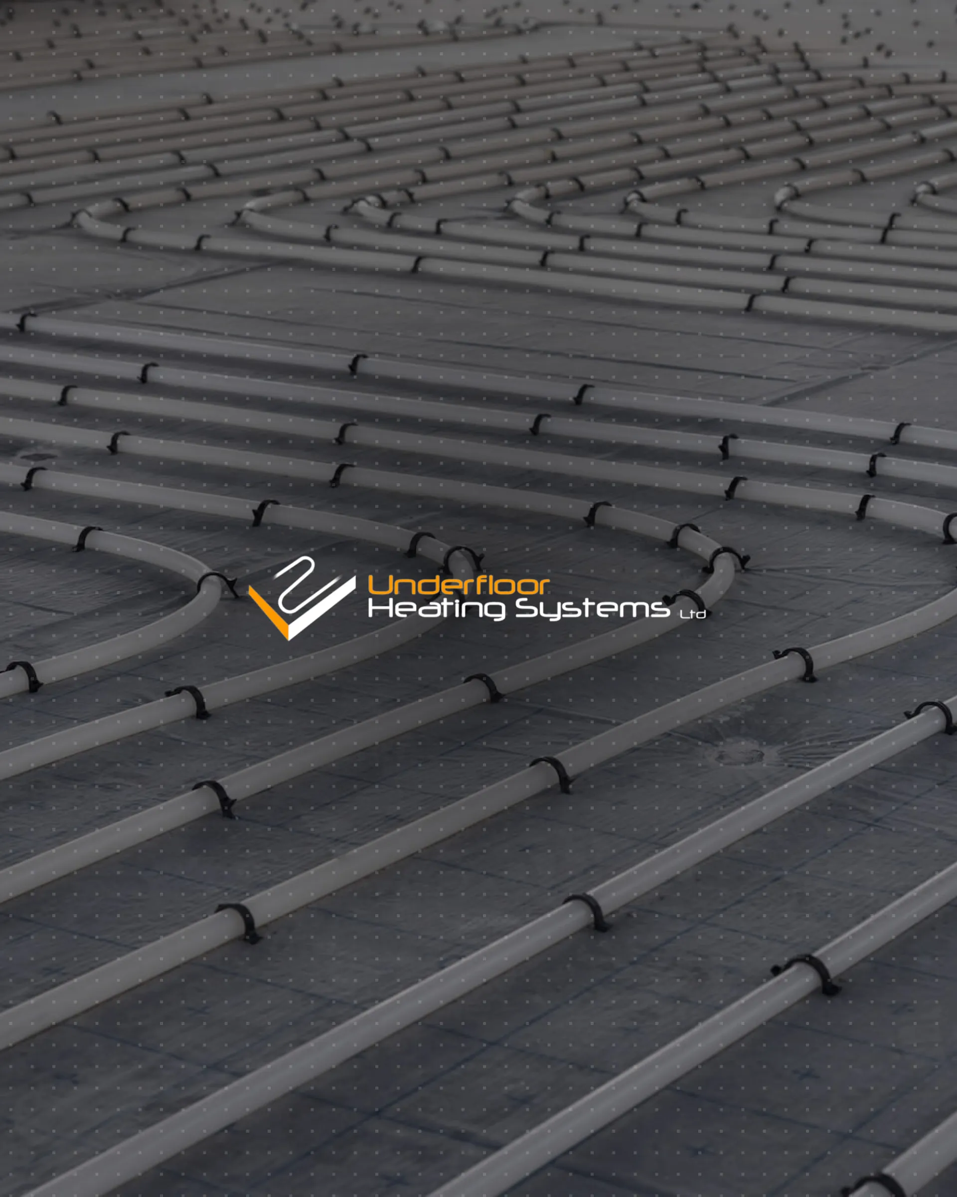 The Underfloor Heating Systems logo over a floor laid with curved heating pipes